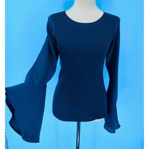 Sandro Paris Navy Blue Ribbed Knit Bell Sleeve Mixed Media Top Crew Neck Womens